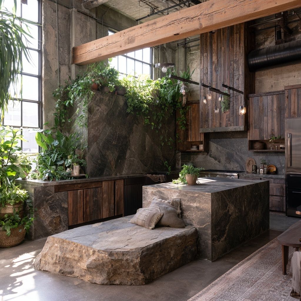 A luxurious full-size kitchen styled with neo-industrial and bohemian elements featuring large stone surfaces and plenty of plants