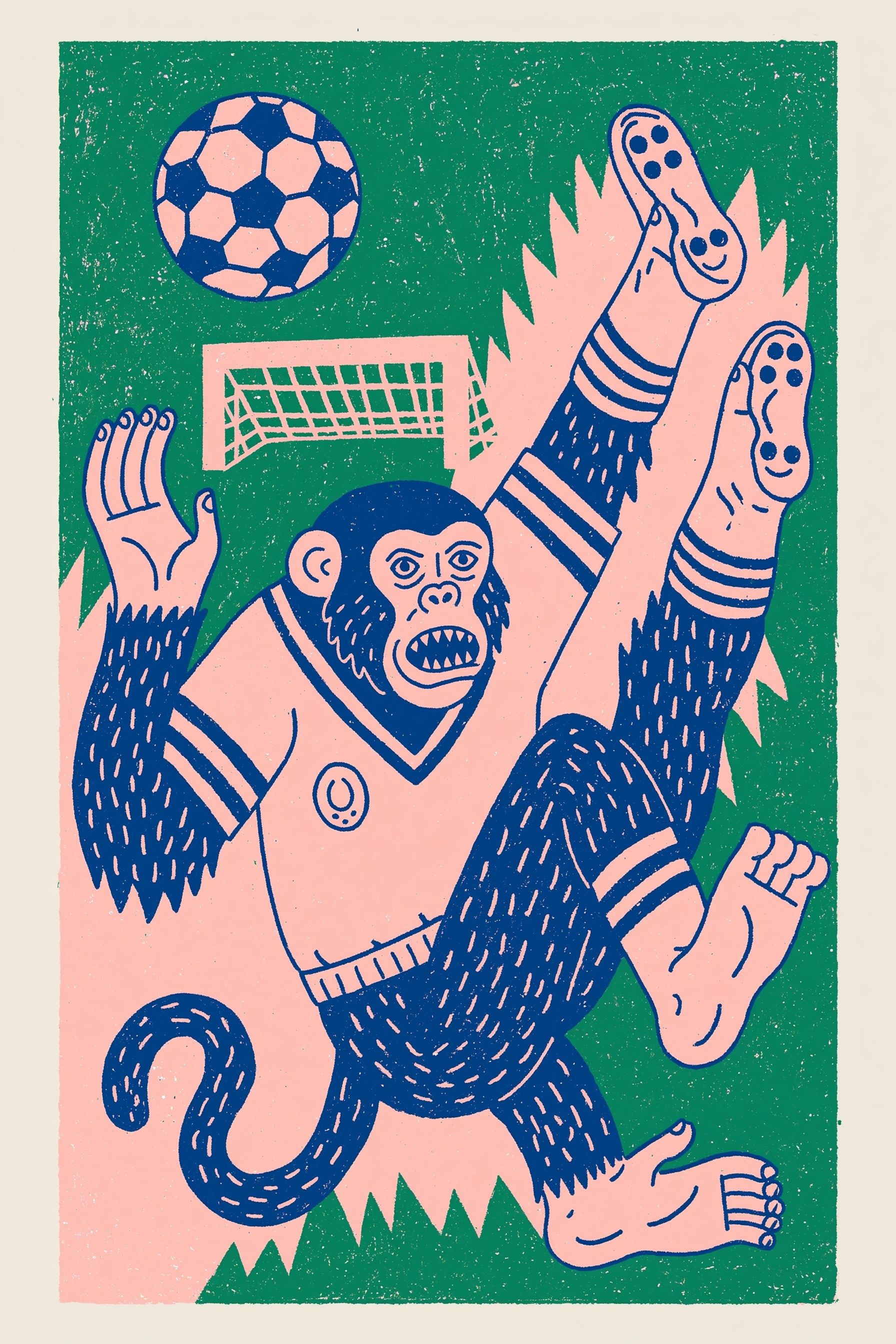 A monkey in a soccer jersey scores a goal with an overhead kick
