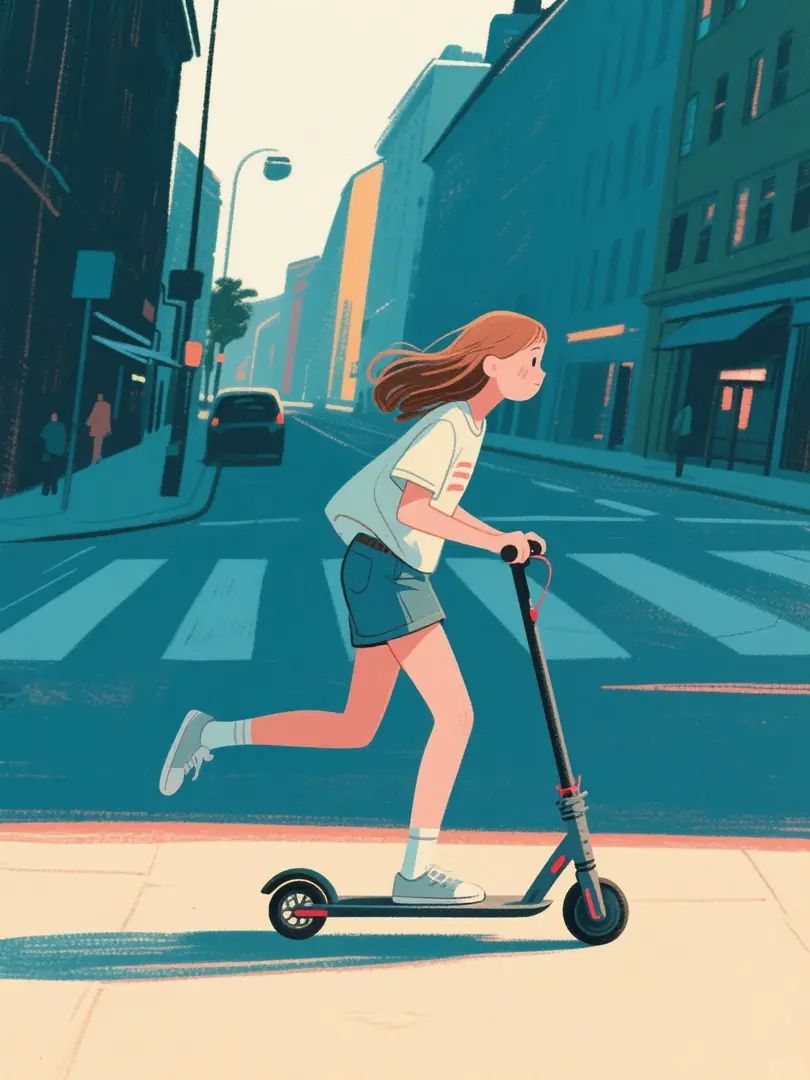 女の子がスクーターで遊ぶ