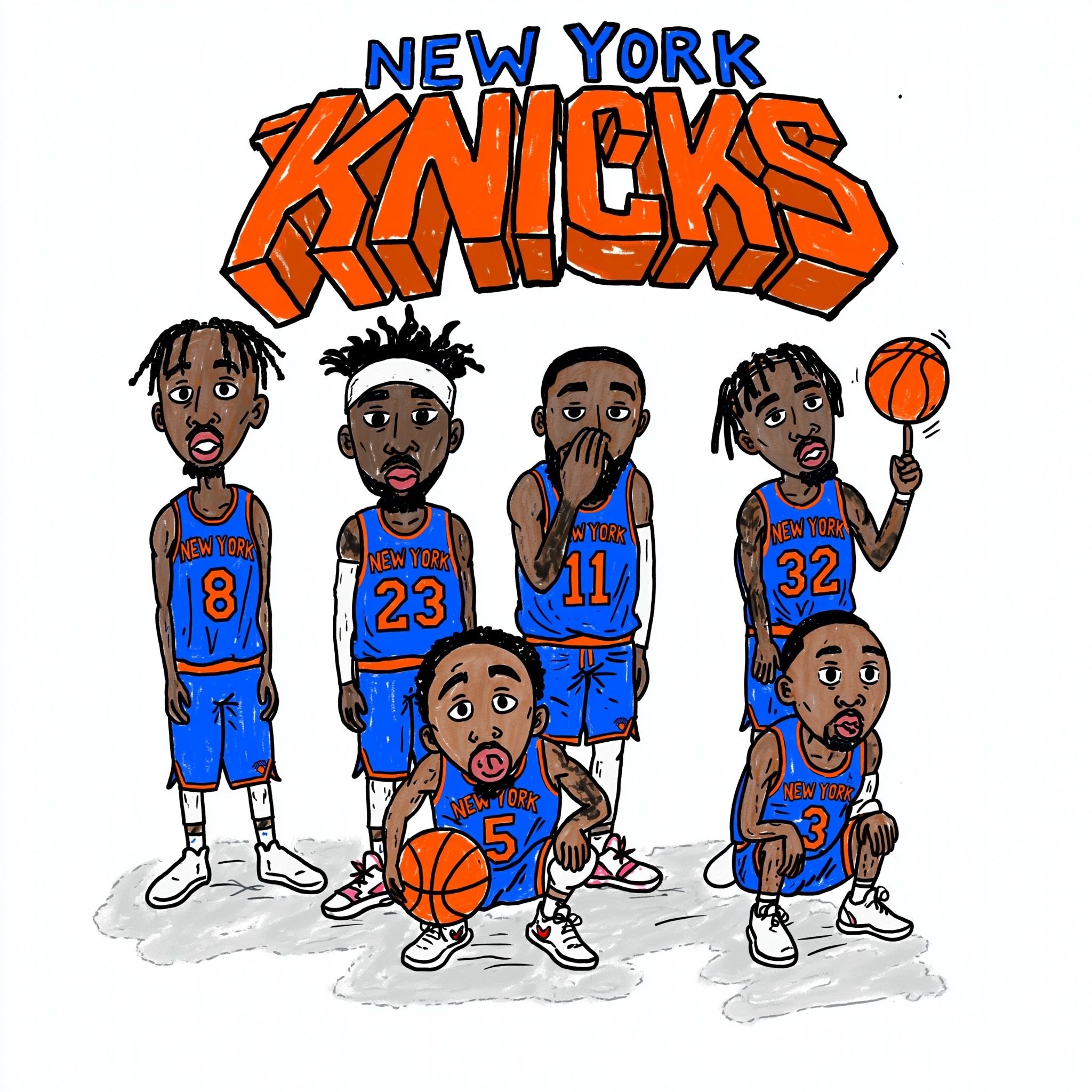 Un equipo de seis jugadores de baloncesto masculinos con camisetas azules de los New York Knicks