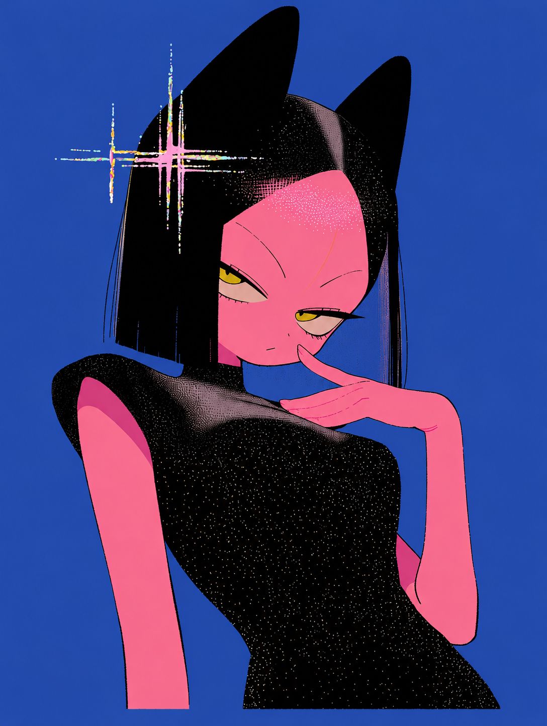 A retro-futurist portrait of a cat-eared woman with glossy black hair and hot pink skin