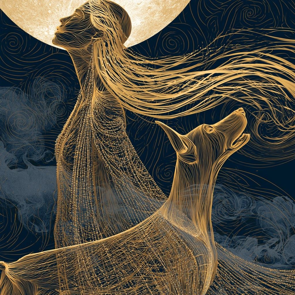 Surreal golden line art of a blonde woman and her Dobermann howling together under a full moon