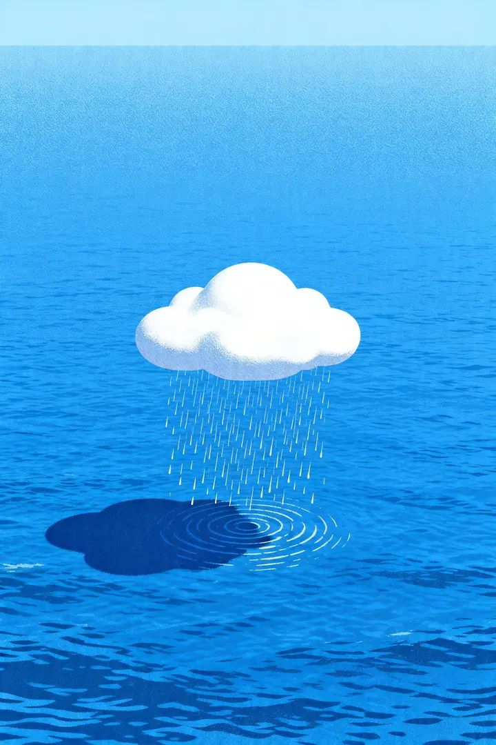 The illustration features a high-saturation blue ocean and delicate clouds