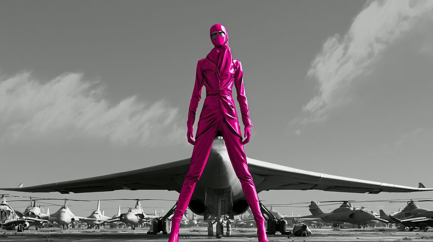 A girl in glossy fuchsia stands on the wing of an airplane
