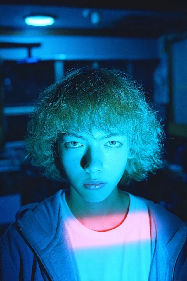 Neon-noir Porträt mit sanftem Cyan-Pink-Kontrast