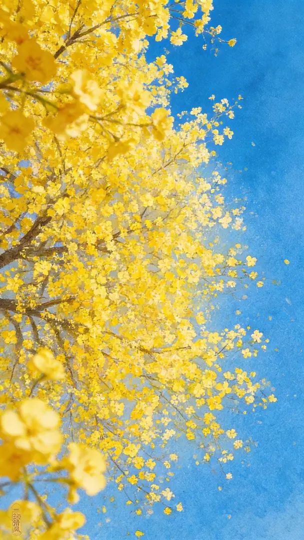 The watercolor-style painting features trees with blooming yellow flowers against a blue sky