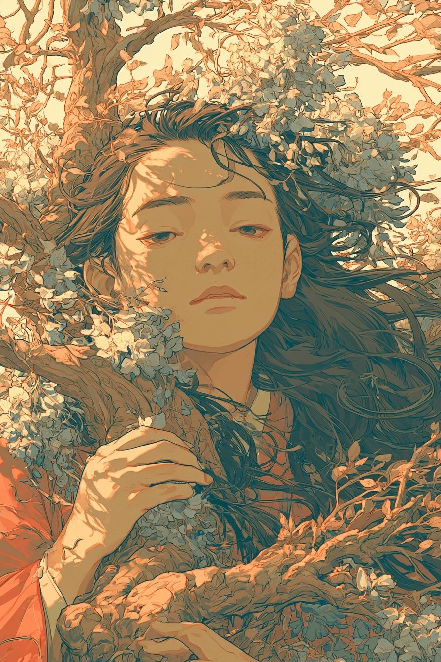 A beautiful young Japanese woman is gradually transforming into a magnificent tree, showcasing a fusion of human and plant with delicate wisteria flowers and vines entwining her body and hair, and her skin partially turning into elegant tree bark