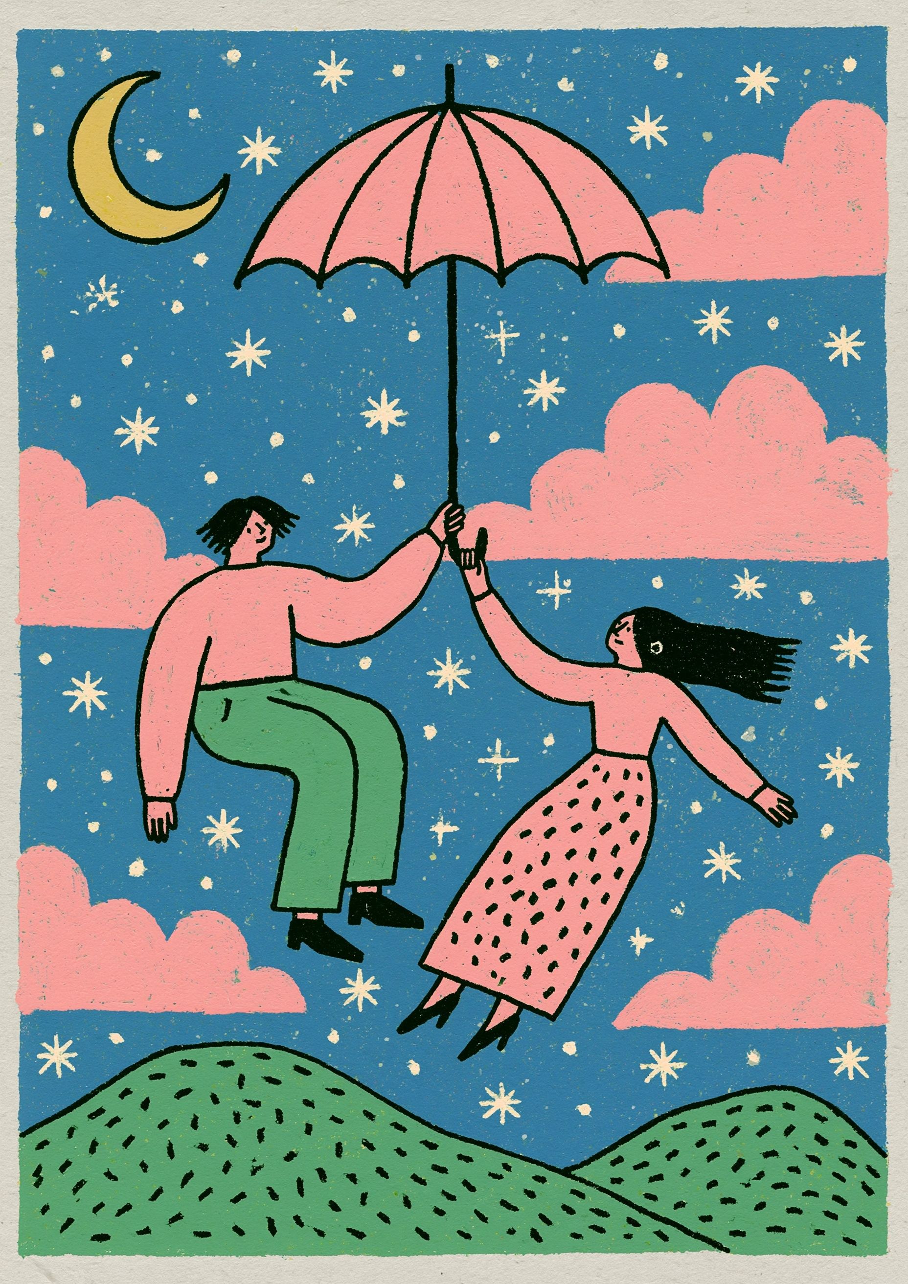 Um artista masculino e feminino voando no céu com um guarda-chuva