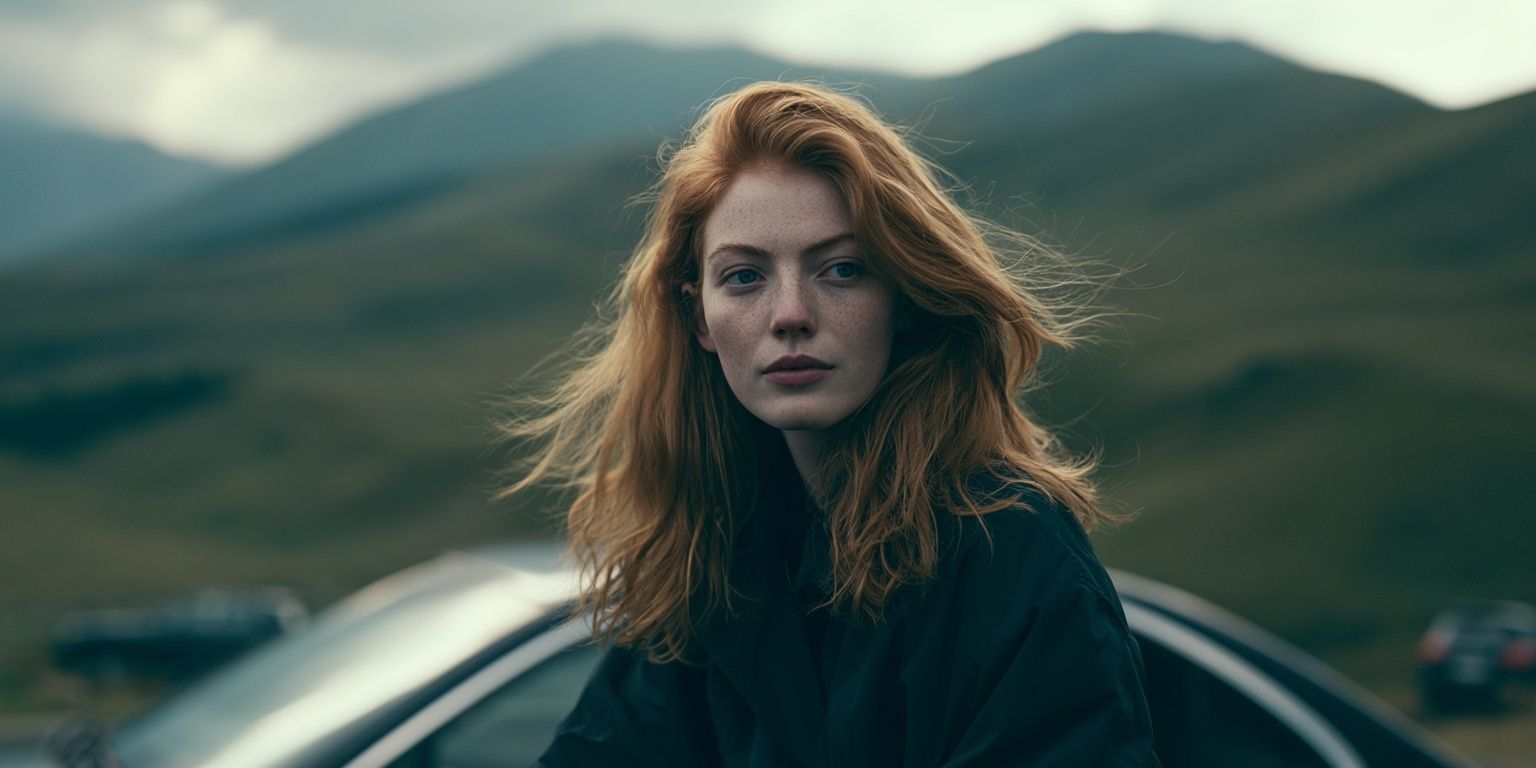 Una hermosa joven rubia sentada en un coche en un paisaje montañoso de Georgia