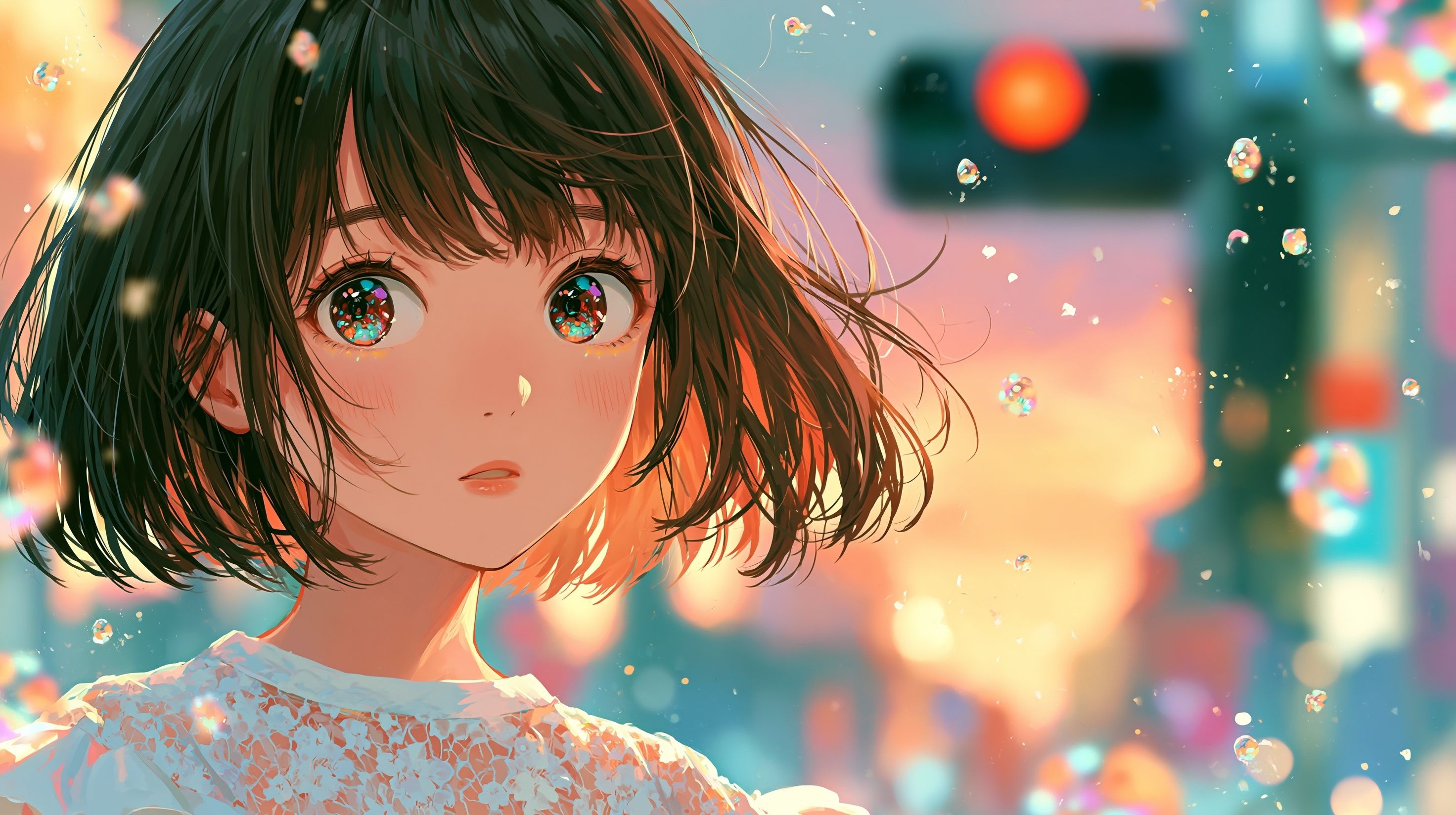 Retrato en primer plano de una encantadora chica japonesa con un top de encaje blanco