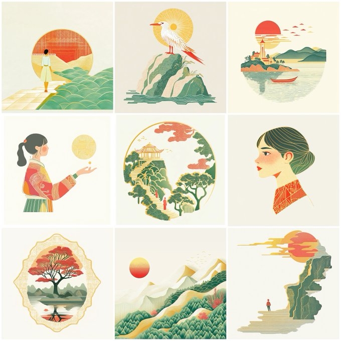 The nine-panel grid illustrates a blend of modern and traditional Chinese design showcasing poetic landscapes