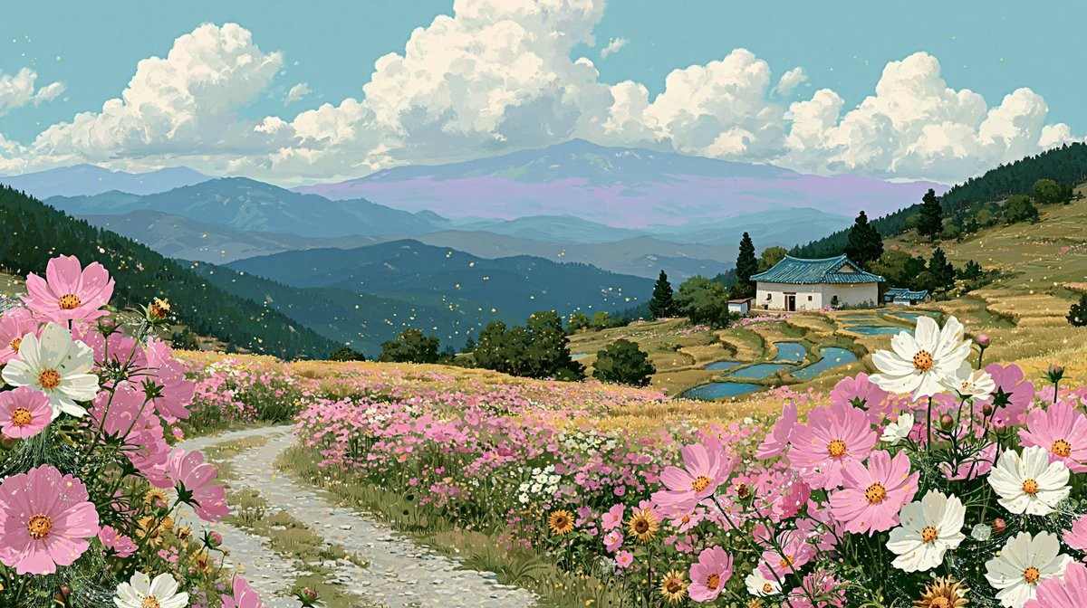 宁静的乡村风景，展示了日本动画风格的田园美景