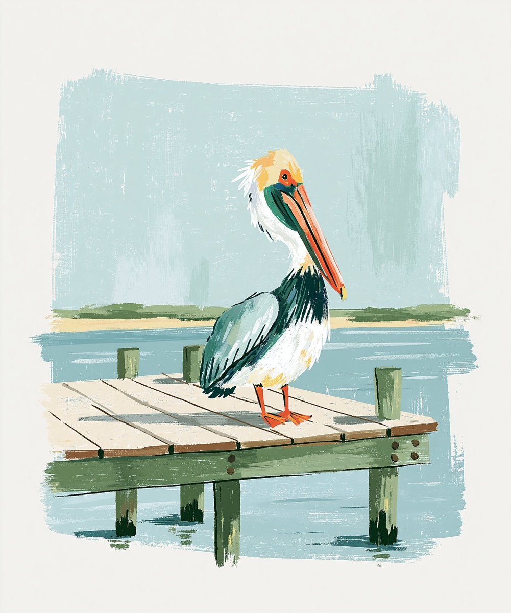 Un oiseau au grand bec et aux pattes rouges vif se tient sur un quai, avec des plumes blanches et noires en désordre