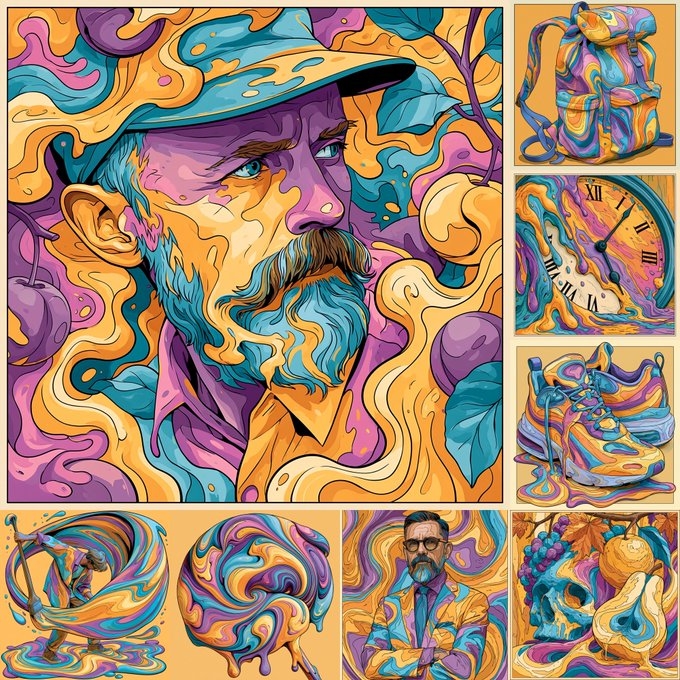 Dies ist eine Sammlung psychedelischer Illustrationen mit einer Ästhetik des schmelzenden Flüssigkeitswirbels