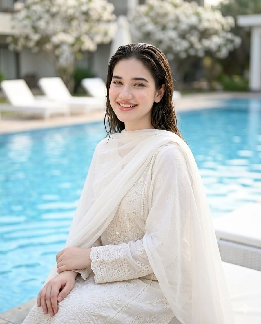 Una joven mujer paquistaní vestida con ropa blanca elegante sentada junto a la piscina