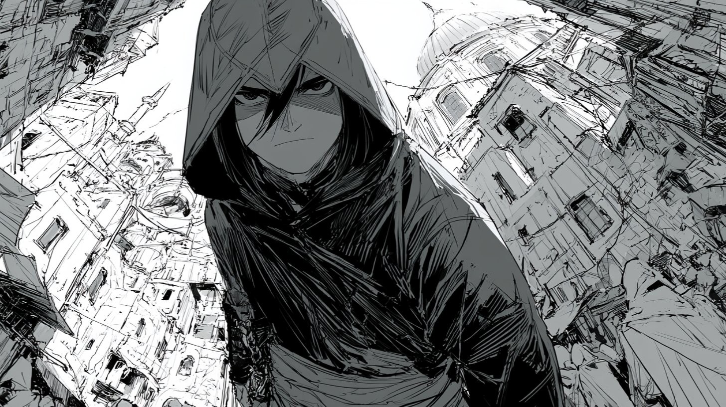 Eine dynamische Schwarz-Weiß-Manga-Illustration mit einem kapuzentragenden Protagonisten, umgeben von einstürzender Architektur