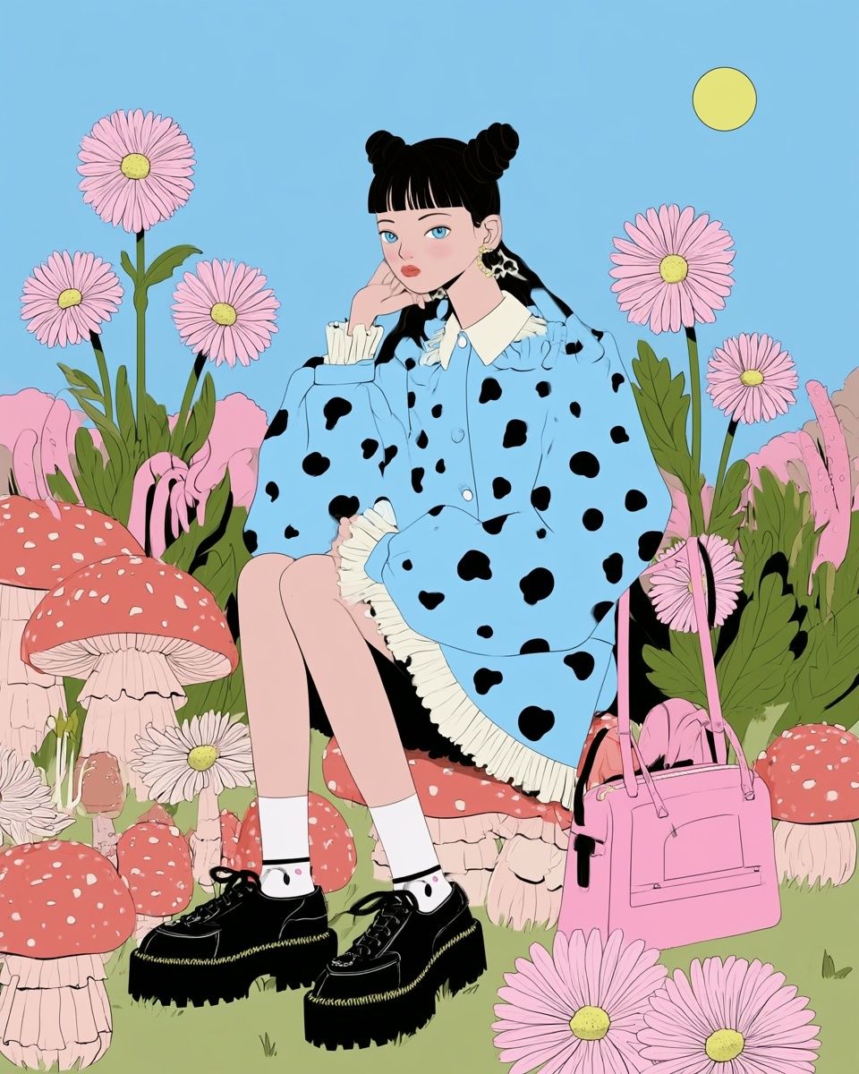 A sweet yet edgy girl dances in a pastel dream