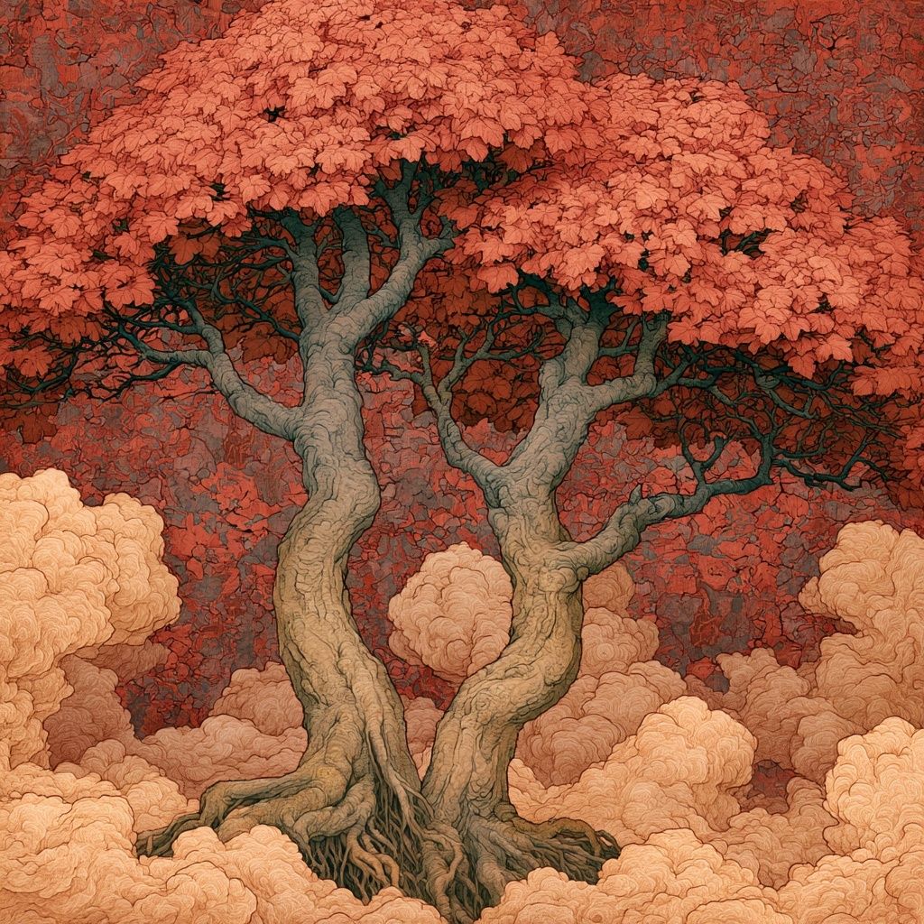 この中国画は、雲海の中で根が絡み合った2本の木を描いています