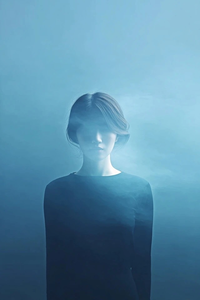 Monochrome cyan, brouillard doux, silhouette centrée