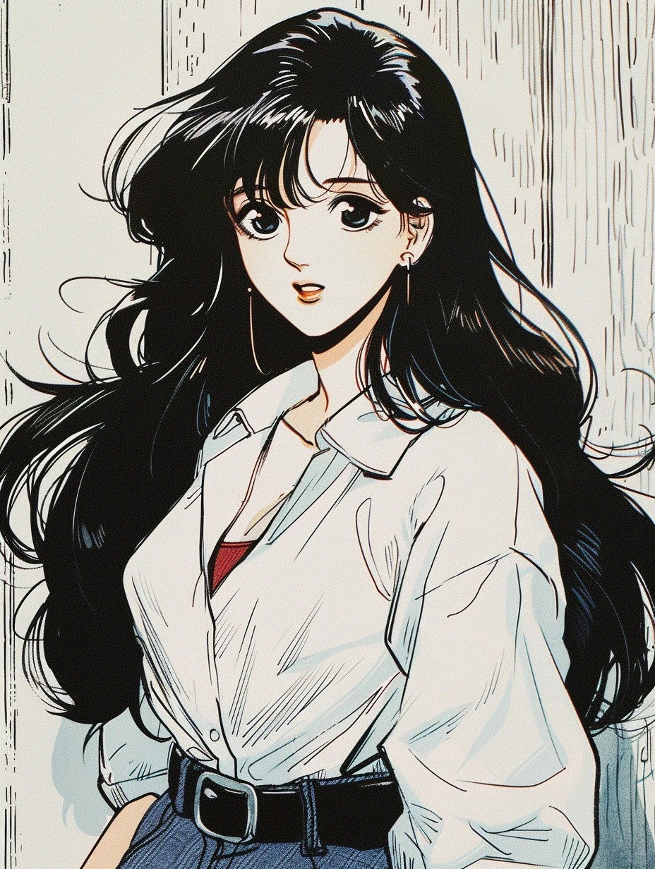 插画展示了一位女性角色，具有漫画风格的黑色卷发，穿着白色衬衫和红色内衣