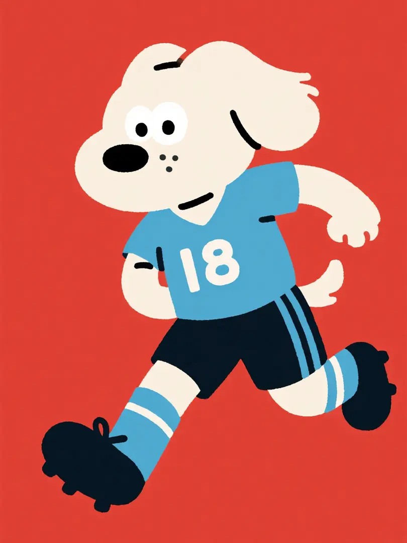 A World Cup themed illustration featuring a lively cream-colored dog in a soccer jersey