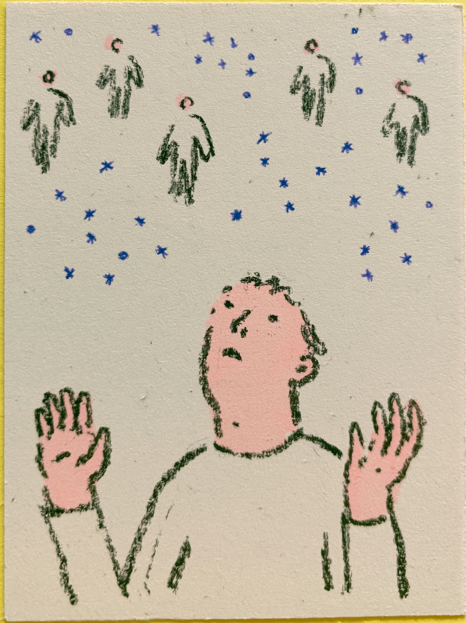 Eine einsame handgezeichnete Figur schaut nach oben mit erhobenen Armen, als würde sie den Himmel etwas fragen, während erfolgreiche Figuren in der Ferne wie unerreichbare Sterne schweben