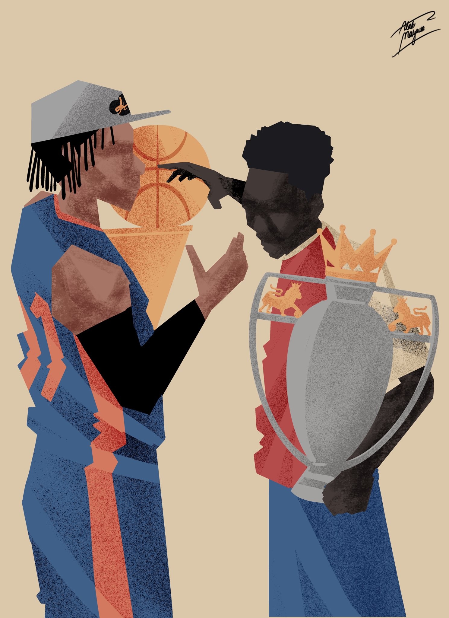 The left figure wears a gray cap and blue jacket while the right figure holds a large silver trophy
