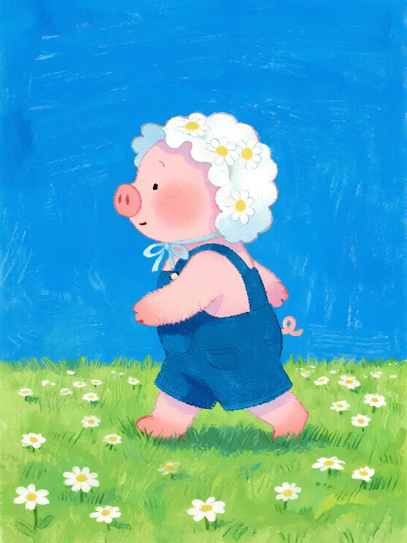Die Illustration des Kinderbuchs zeigt ein niedliches kleines Schwein, das auf grünem Gras unter einem blauen Himmel läuft
