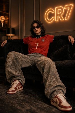 Uma jovem mulher usa com confiança uma camisa da seleção nacional de futebol de Portugal enquanto se senta em um sofá luxuoso