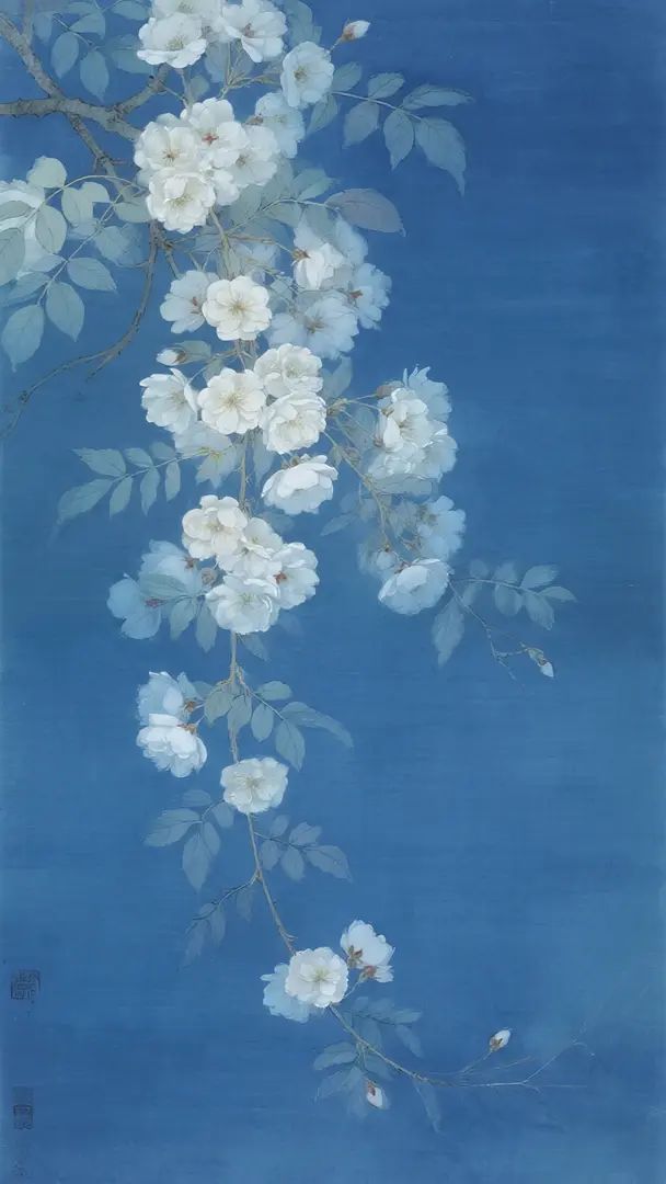 A white double rose flower blooms in the spring breeze