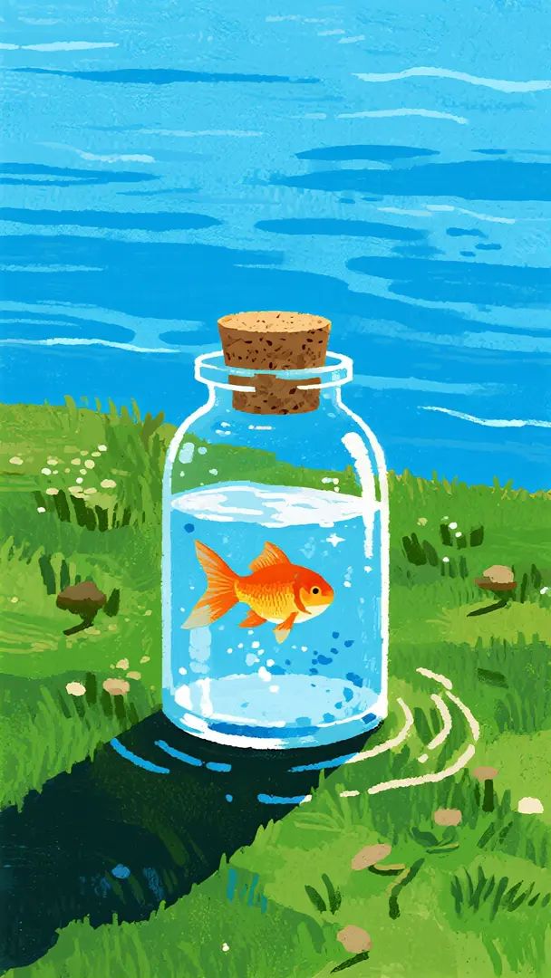 插畫展示了一隻小金魚在透明玻璃瓶中，環境是藍綠色的水