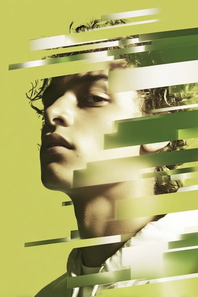 Ce design allie l'esthétique de l'art glitch à une palette de dégradés, adaptée au branding technologique et aux couvertures d'albums de musique
