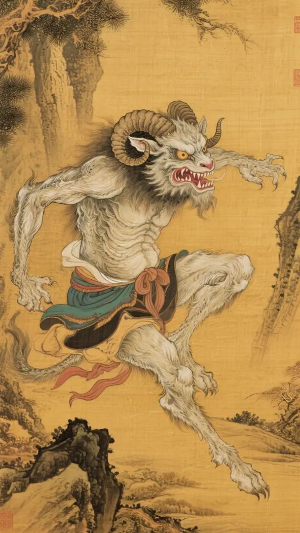 This is an ultra-detailed painting depicting a sheep monster from Chinese traditional mythology