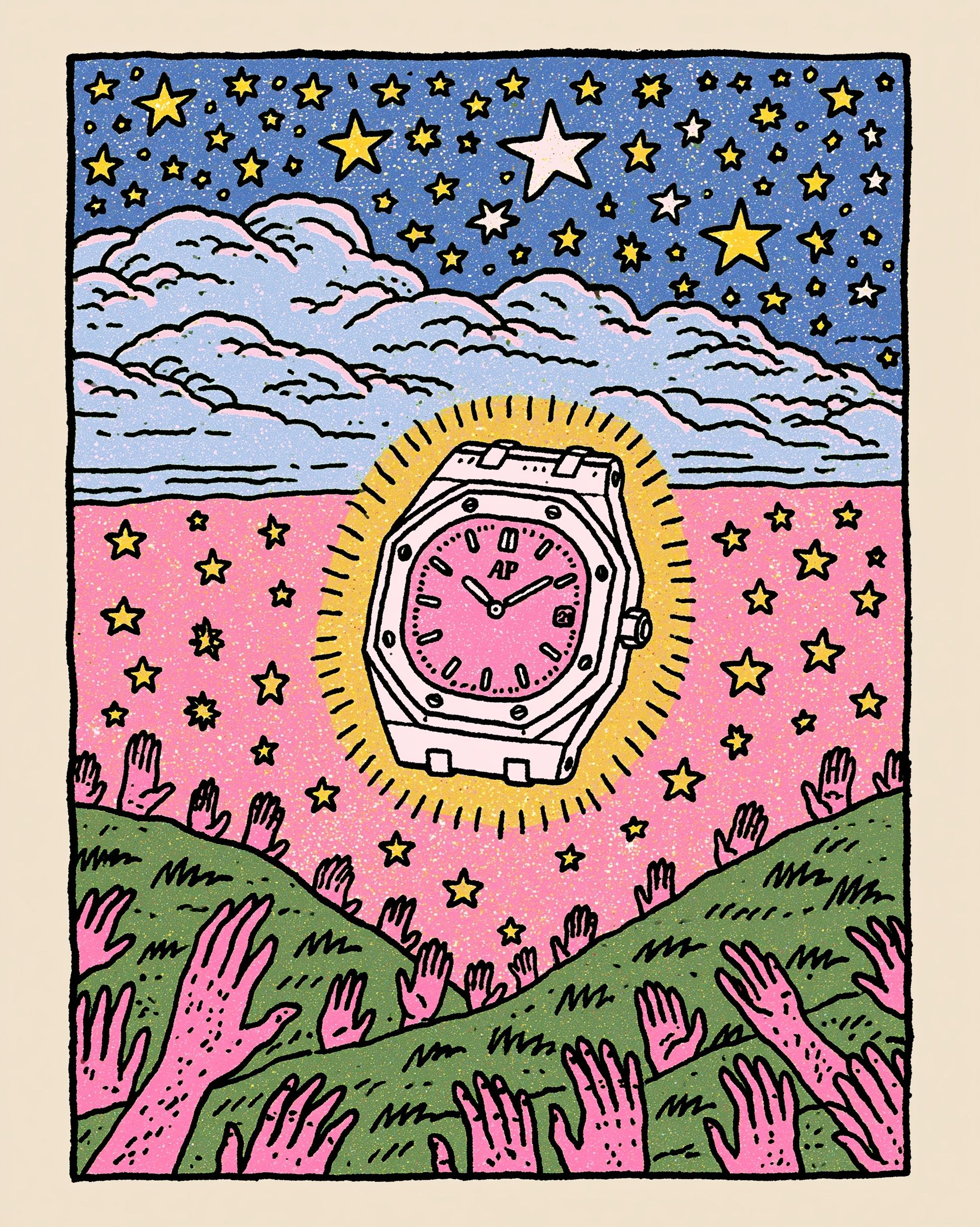 Eine Illustration mit einer weißen AP-Uhr und buntem Kunstwerk