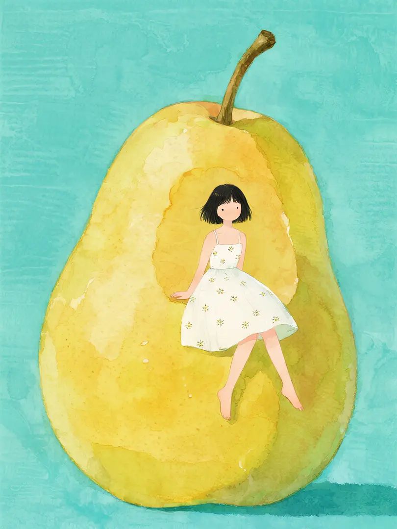 白いドレスの女の子が巨大な黄色の梨に座っている