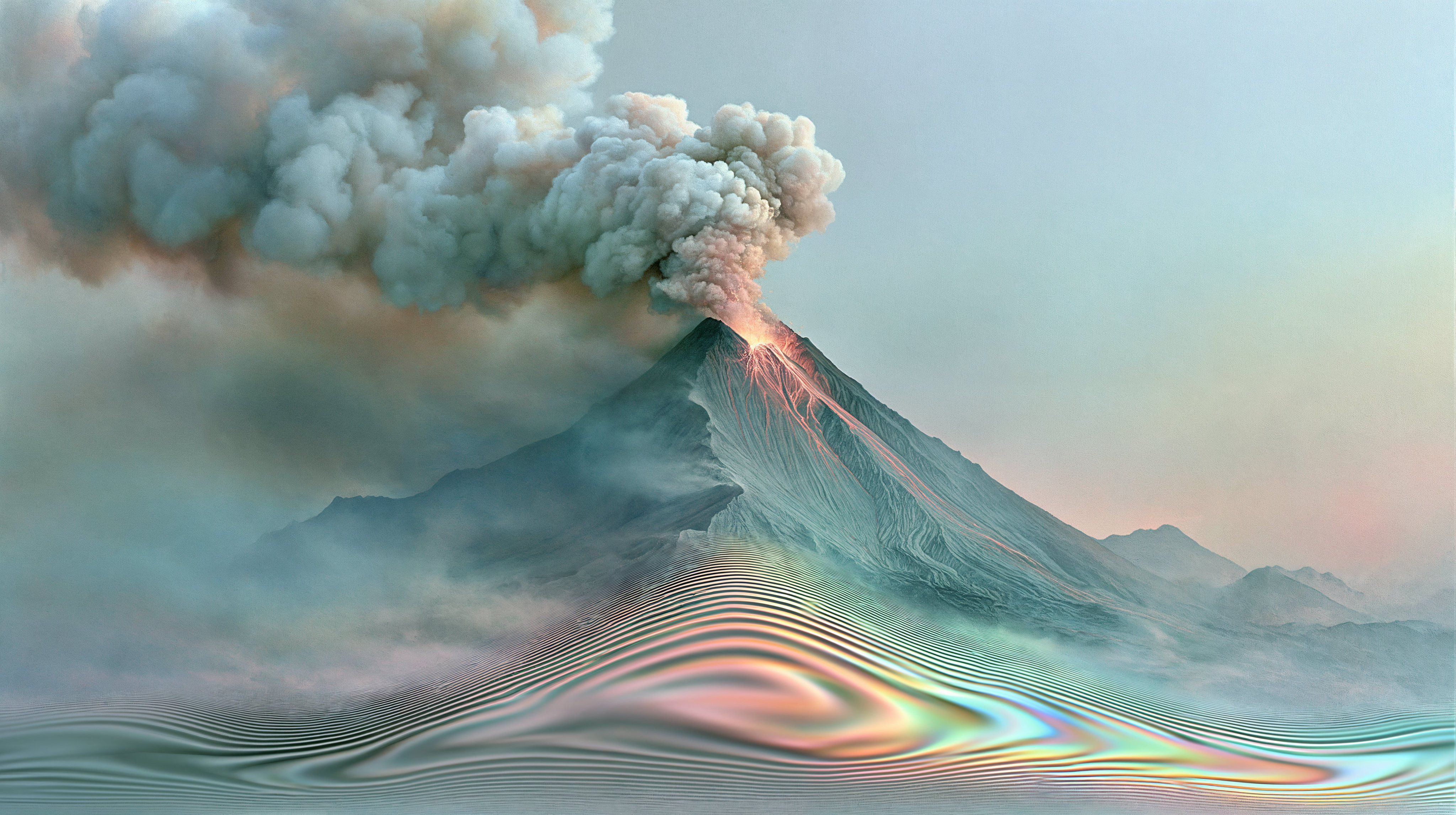 数字生成的自然景观展示火山灰云与地表色彩的对比