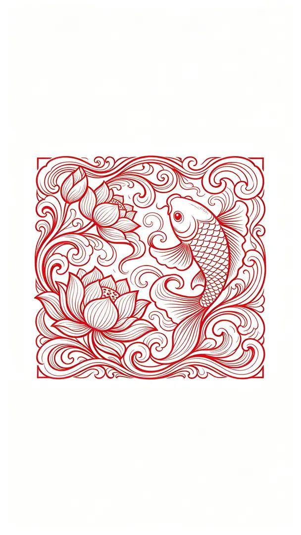 Das Logo im Abzeichenstil zeigt ein Muster mit einem Fisch, der zwischen Lotus spielt, in einem eleganten dekorativen Kunststil