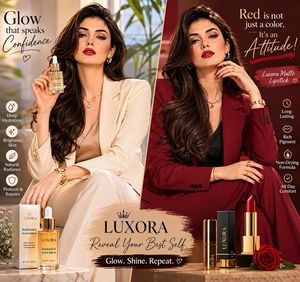 2人のモデルが豪華なスキンケア製品と口紅を展示し、自信と優雅さを引き出す