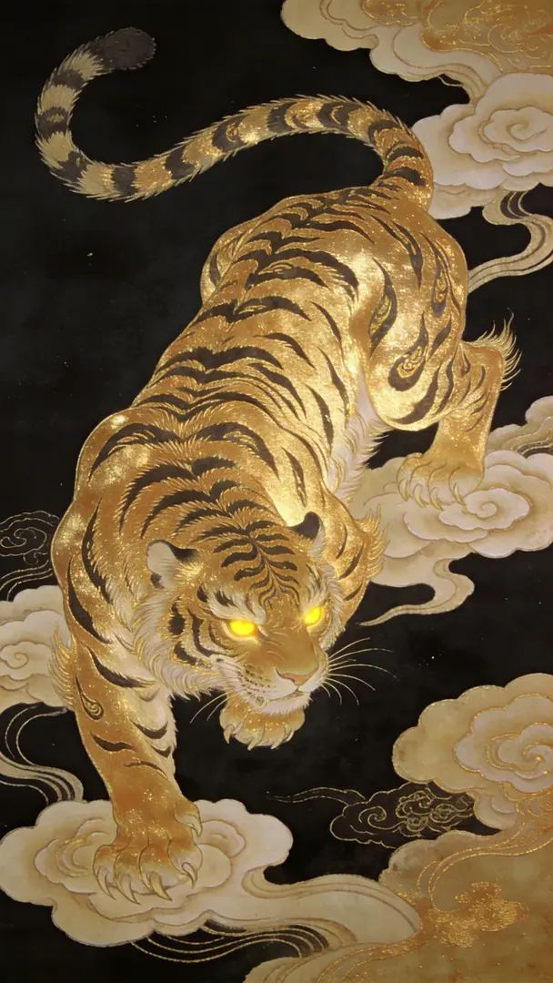 Der goldene Wächtertiger zeigt Dynamik und Majestät vor einem schwarzen Hintergrund