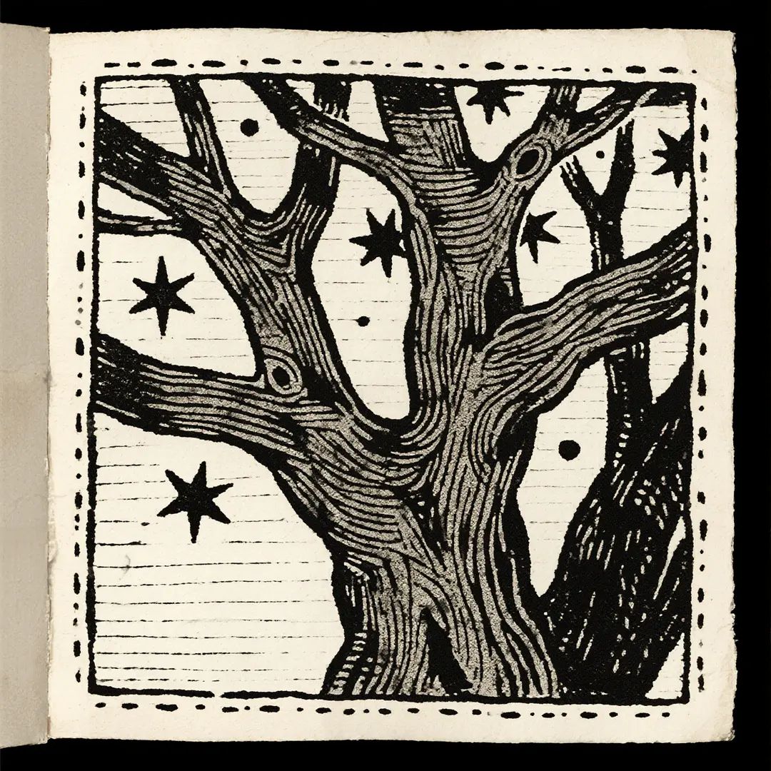 The main subject is a retro childlike tree