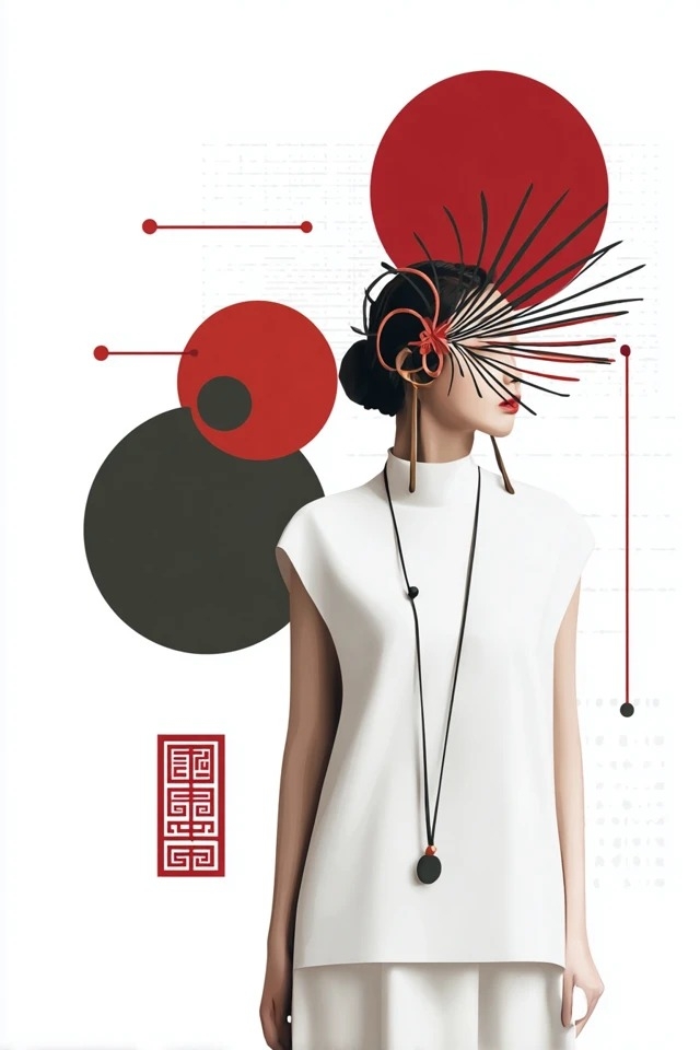 Estilo oriental minimalista em design geométrico vermelho-preto-branco