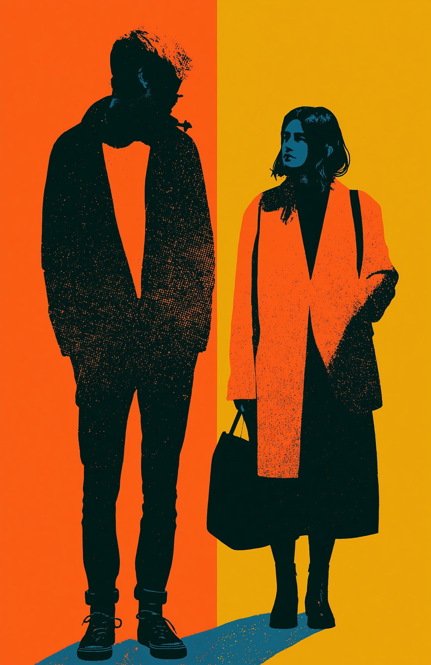 Créez une affiche risographique représentant un homme et une femme