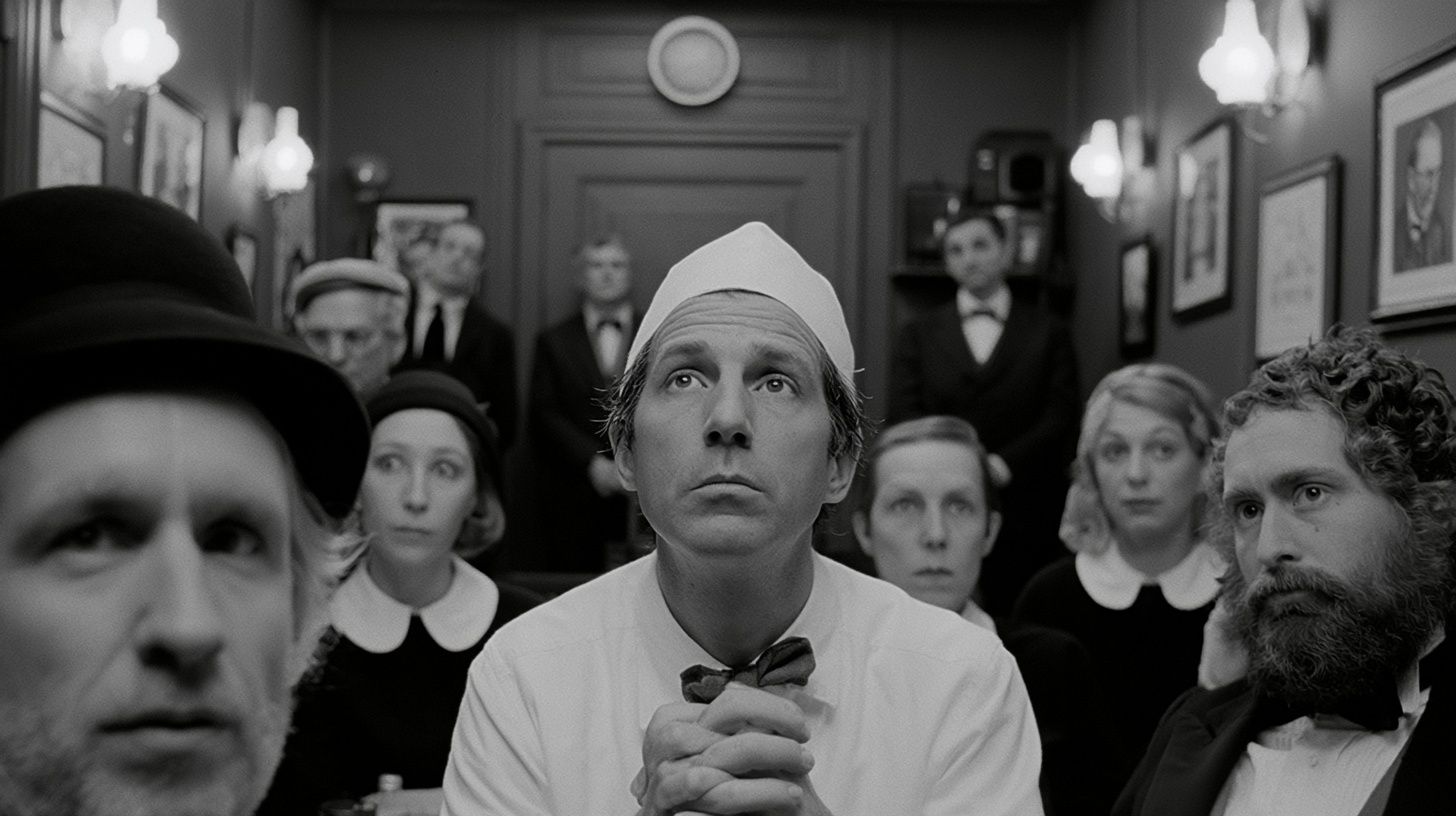 black and white art movie by Wes Anderson and Michel Gondry