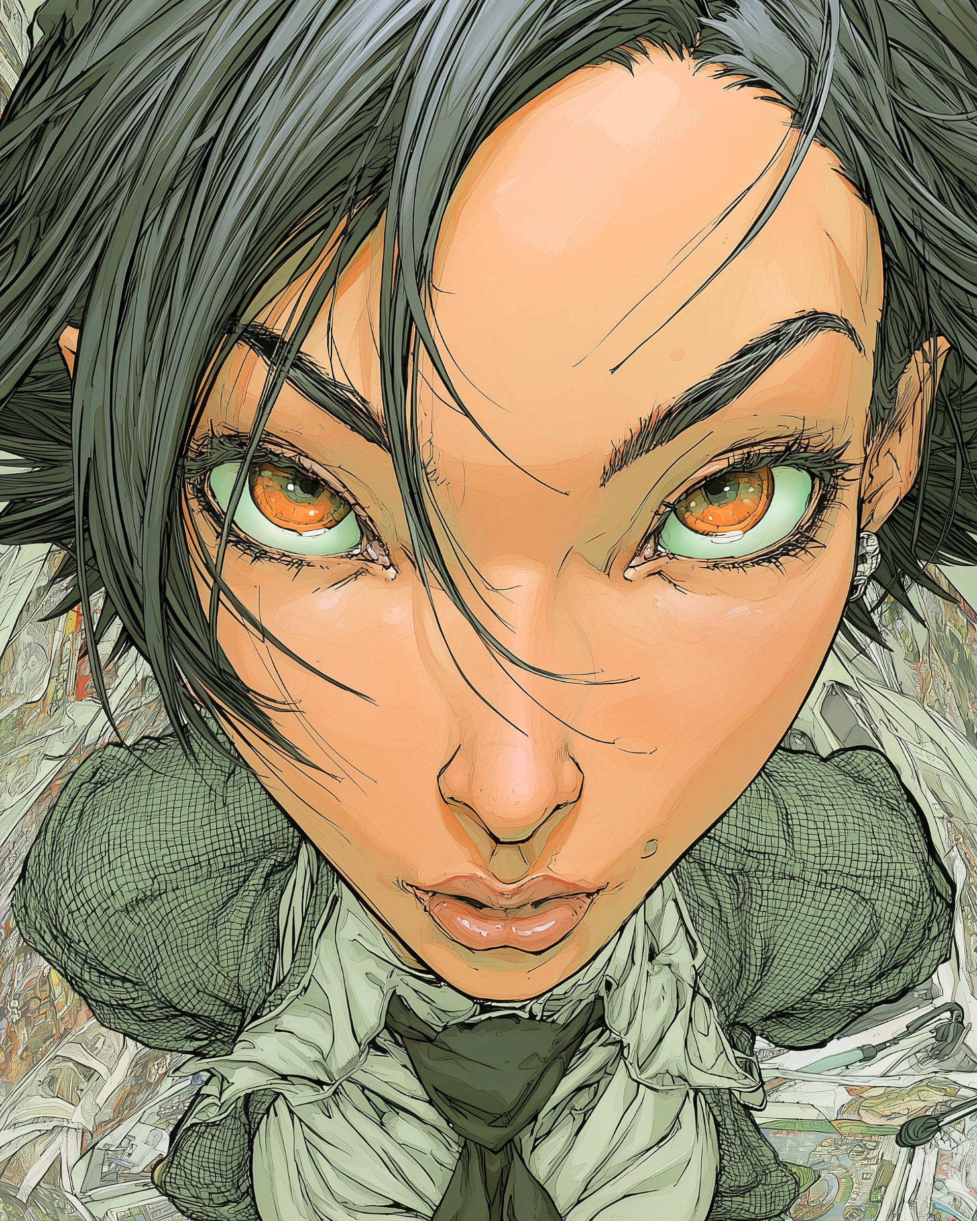 Die digitale Kunst vereint Einflüsse von Neo-Manga, Cyberpunk und Manhua mit pfirsichfarbenem Hautton und lebendigen Farben