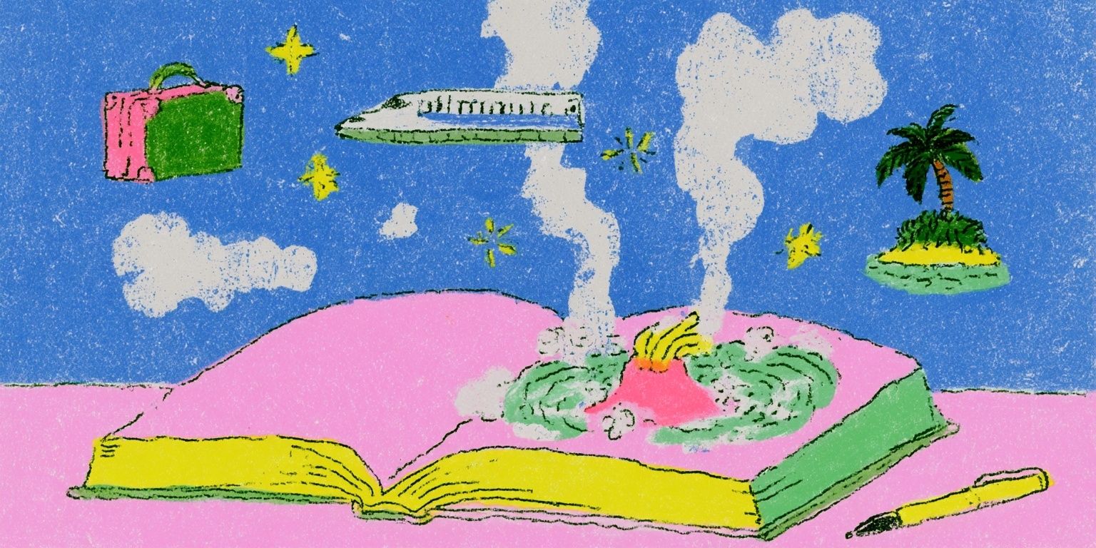 An open notebook with a pen nearby and whimsical travel icons floating out, creating a joyful atmosphere