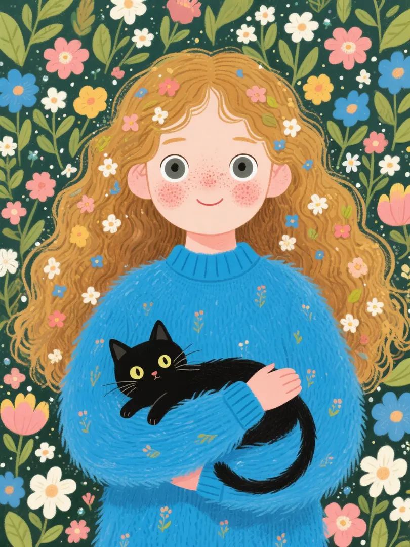 Una chica europea con un suéter azul sosteniendo un gato negro, con un fondo de flores y hojas exuberantes