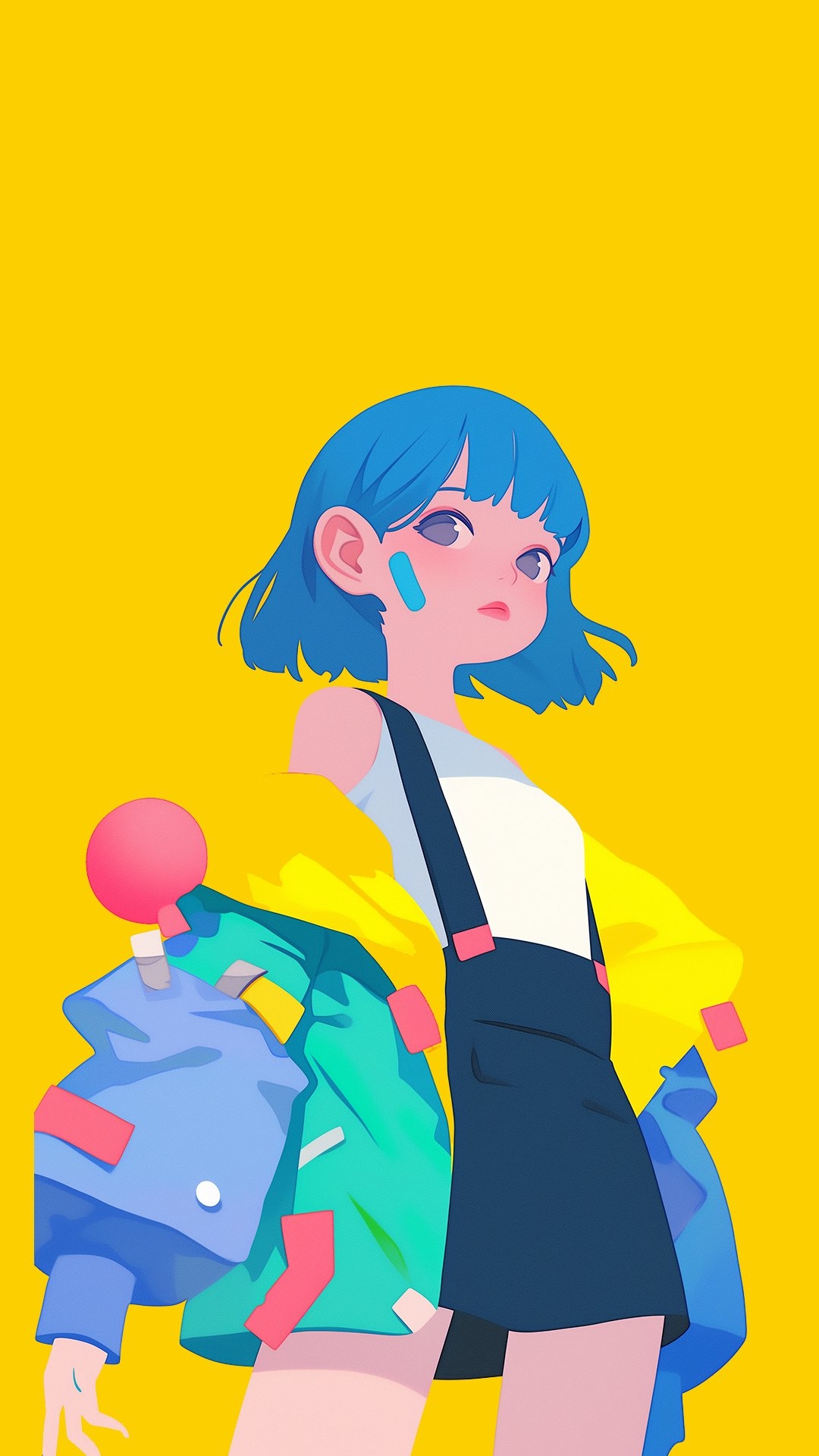 Uma garota de anime fofa com cabelo azul desfiado e um pequeno curativo na bochecha
