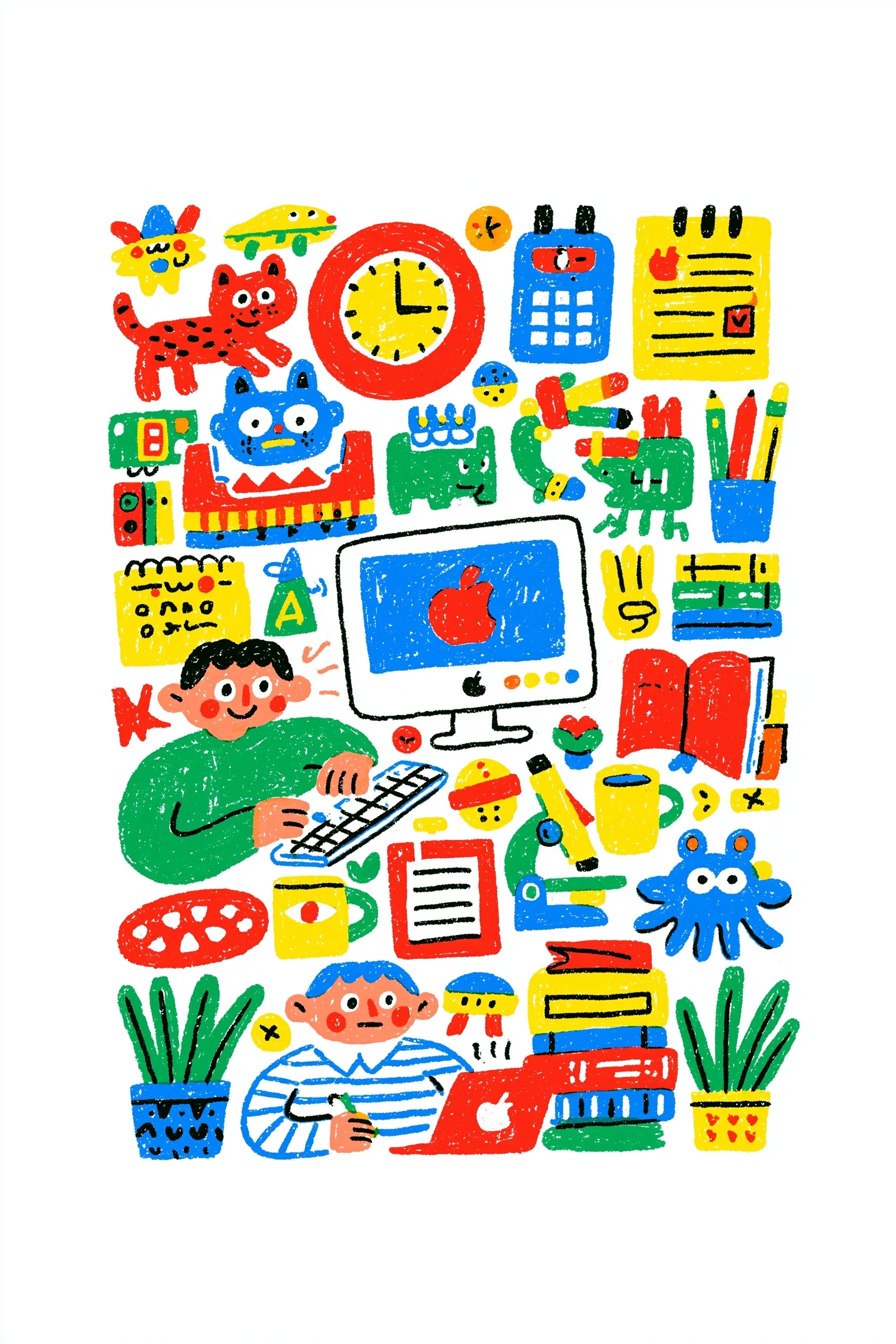 This is a flat vector illustration of a Mac computer in a bold hand-drawn line-art style