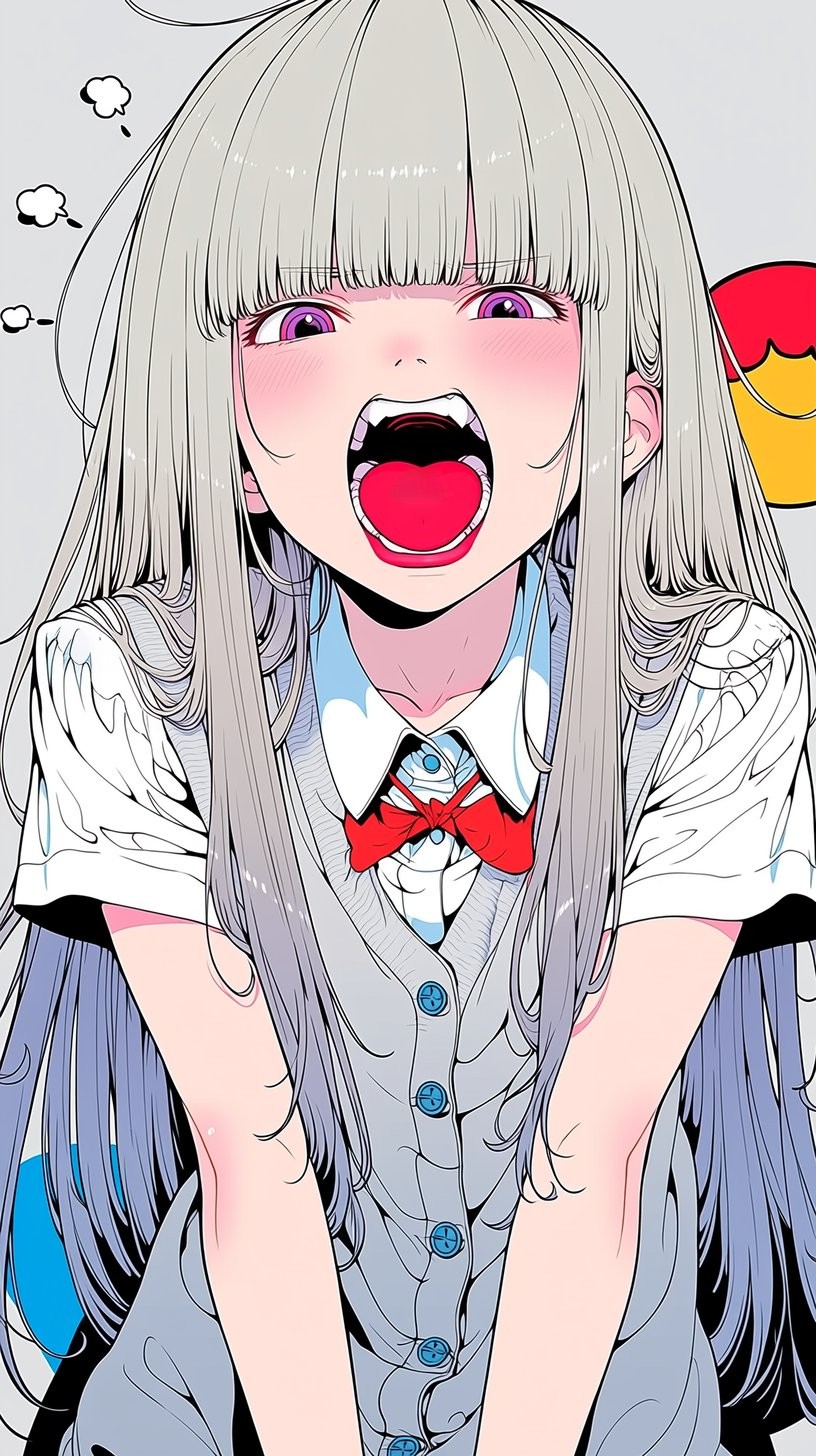 A girl with long silver hair and pink eyes in a school uniform shows an annoyed expression