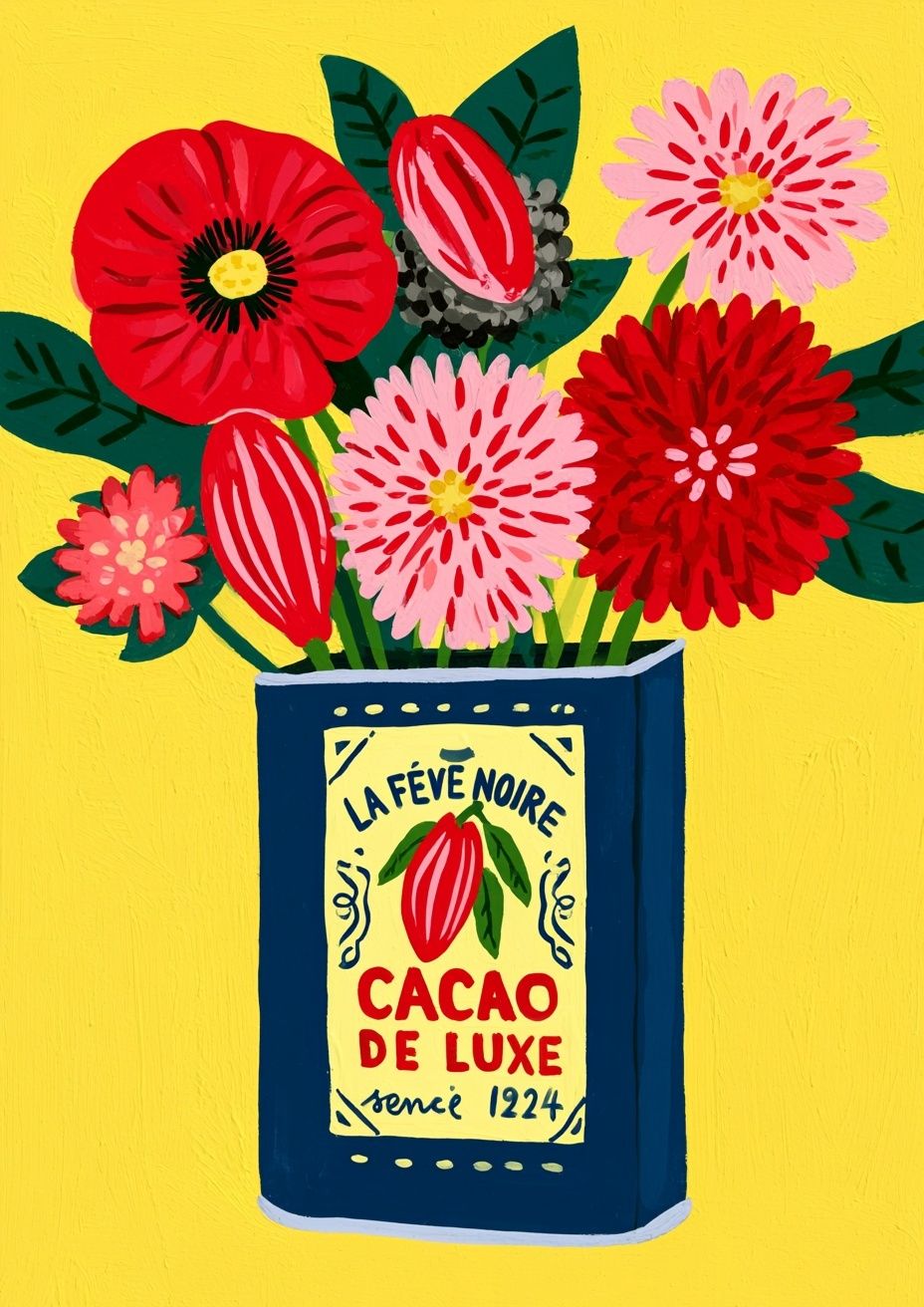Eine naive Stilillustration einer vintage Kakao-Dose, die als Vase verwendet wird und mit übergroßen Blumen und Kakaoschoten gefüllt ist